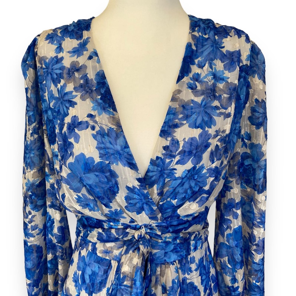 Alex Marie Simone Cobalt Floral Print Puff Sleeve Tiered A-Line V-neck Dress - Picture 4 of 8
